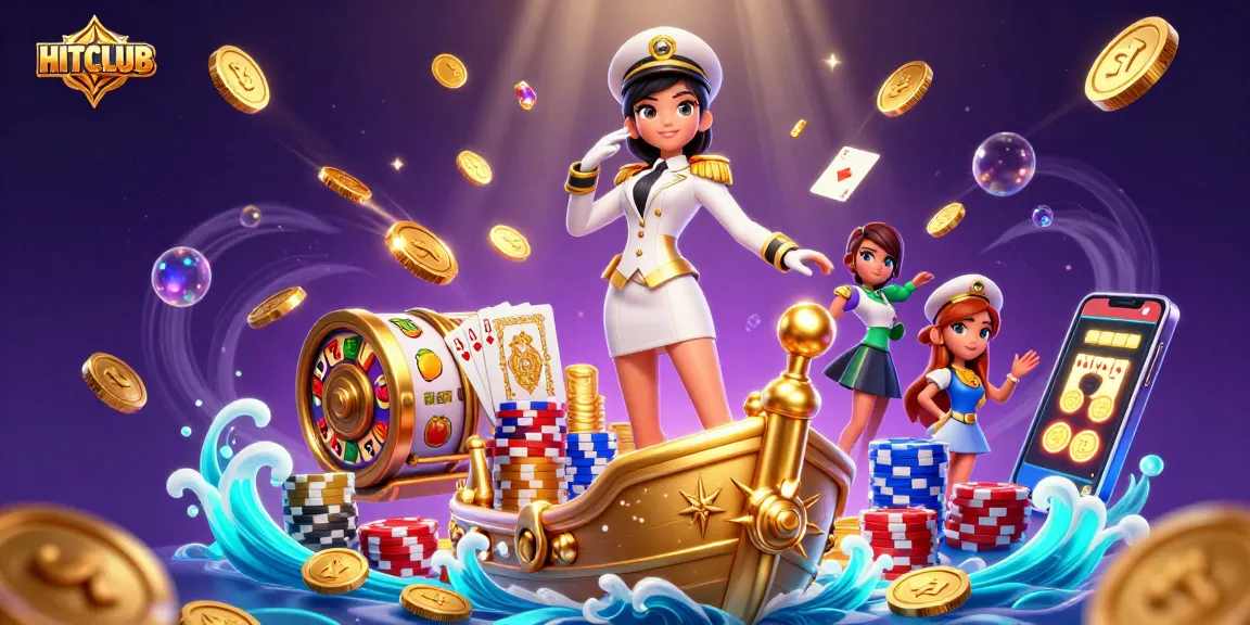 Experience HITCLUB gaming with a vibrant 3D illustration of slots and jackpots.