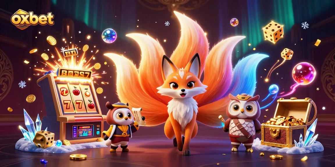 Experience exhilarating gaming at oxbet with a whimsical nine-tailed fox and sage in a vibrant casino scene.