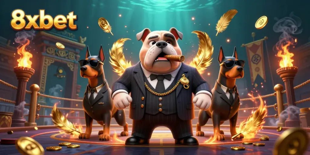 Experience thrilling gaming action with 8xbet featuring a cartoon mafia bulldog and sleek Doberman bodyguards.