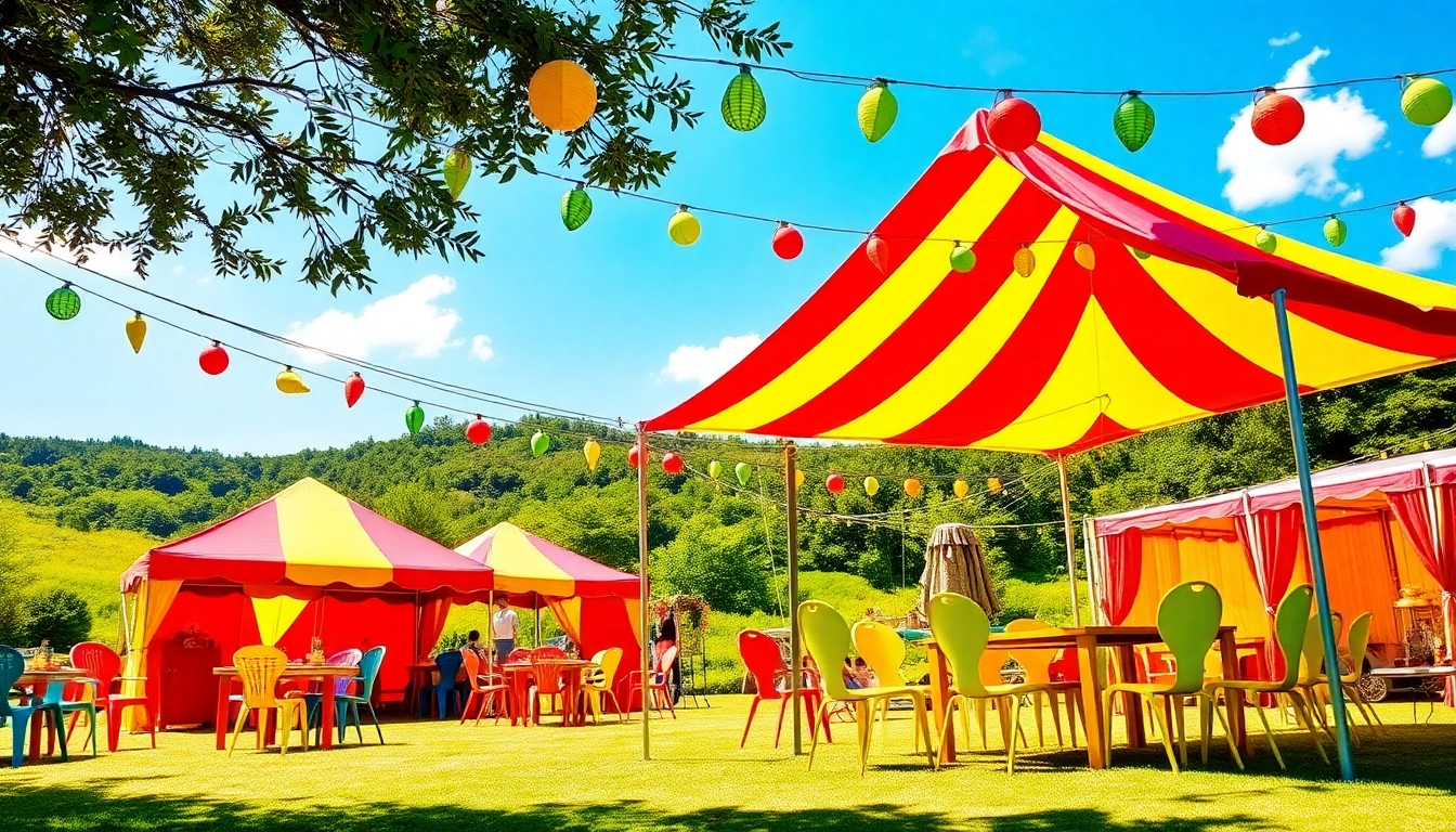 Outdoor Party Rentals setup with colorful tents and festive decorations in a lively garden setting.