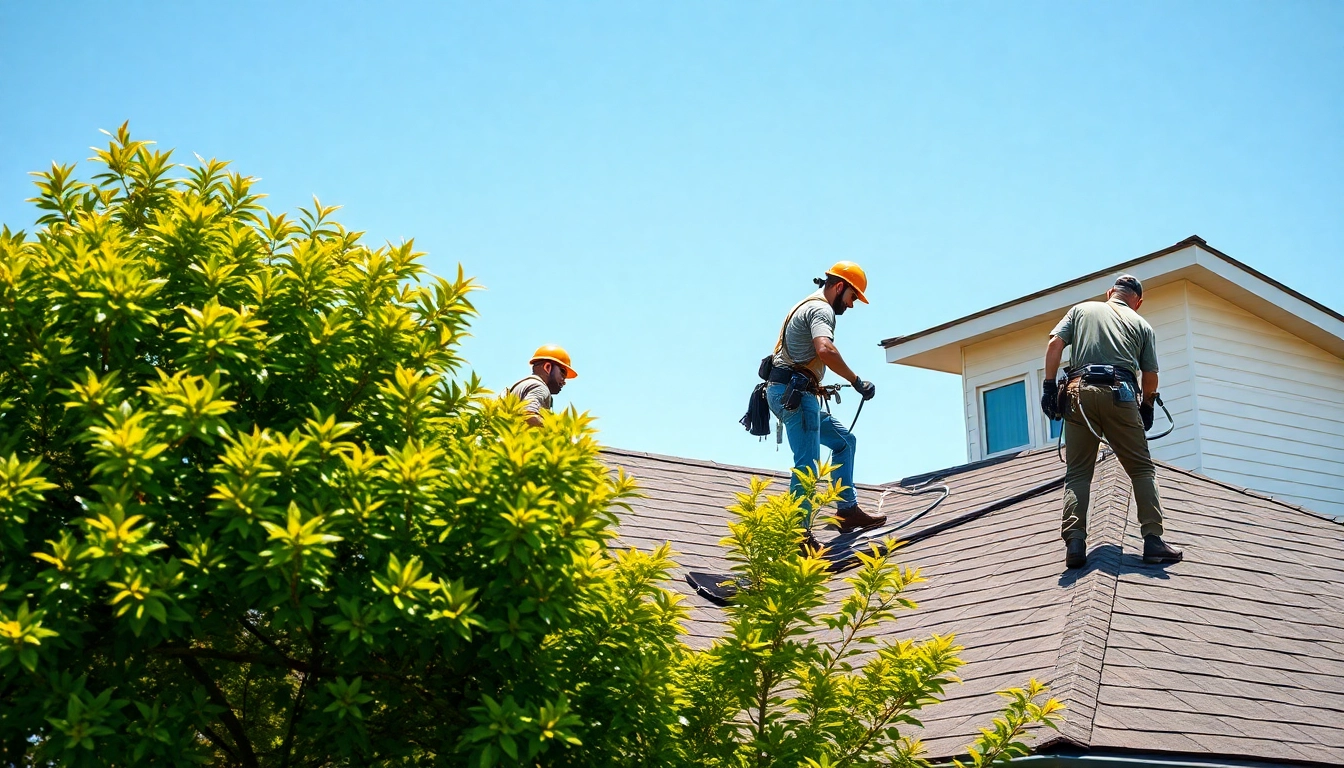 Skilled professionals from a roofing company performing roof repairs on a suburban home.