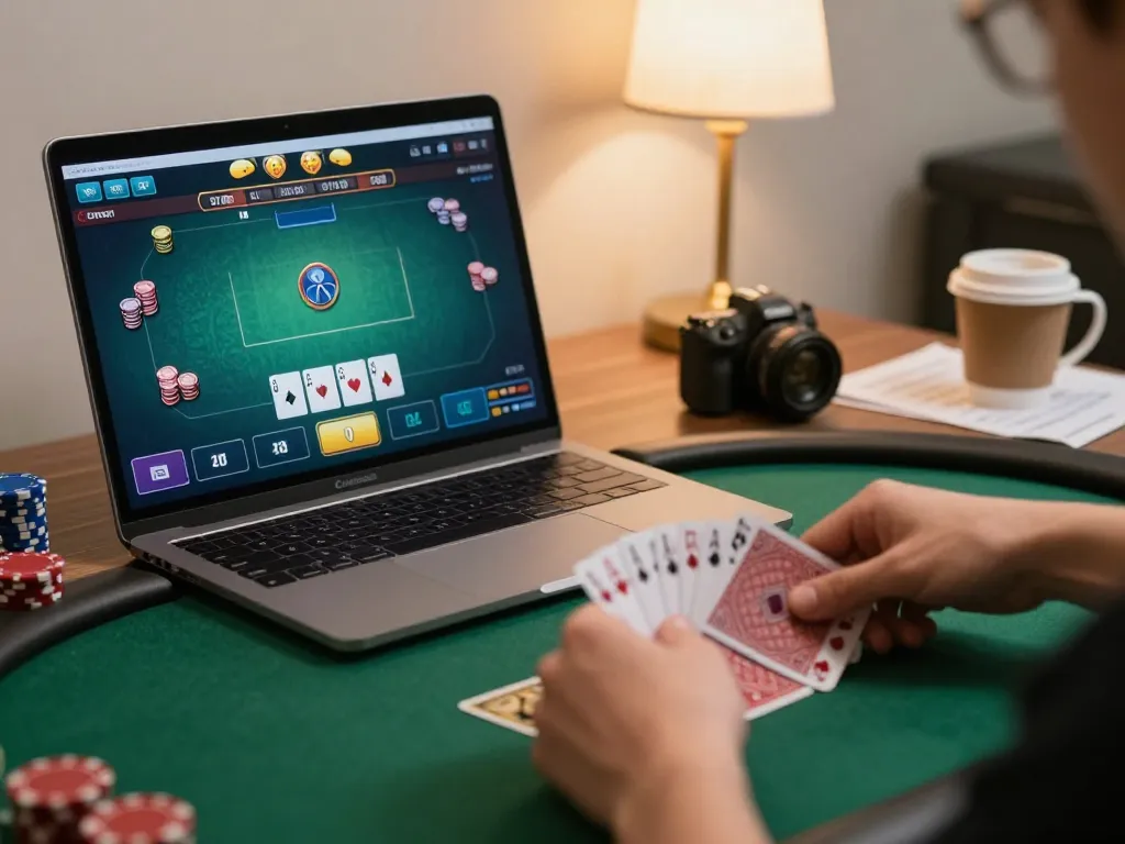 va88 online poker action with player chips and cards in a home office setting