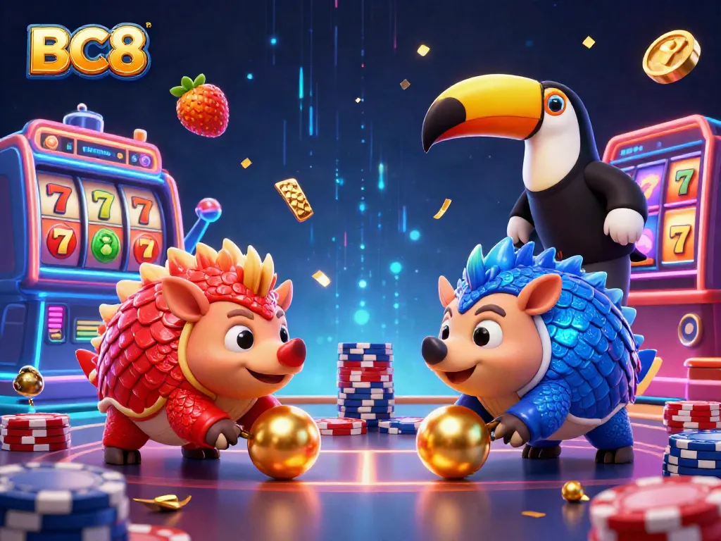 BC8 pangolins compete in a dynamic casino scene while interacting with vibrant slot elements.