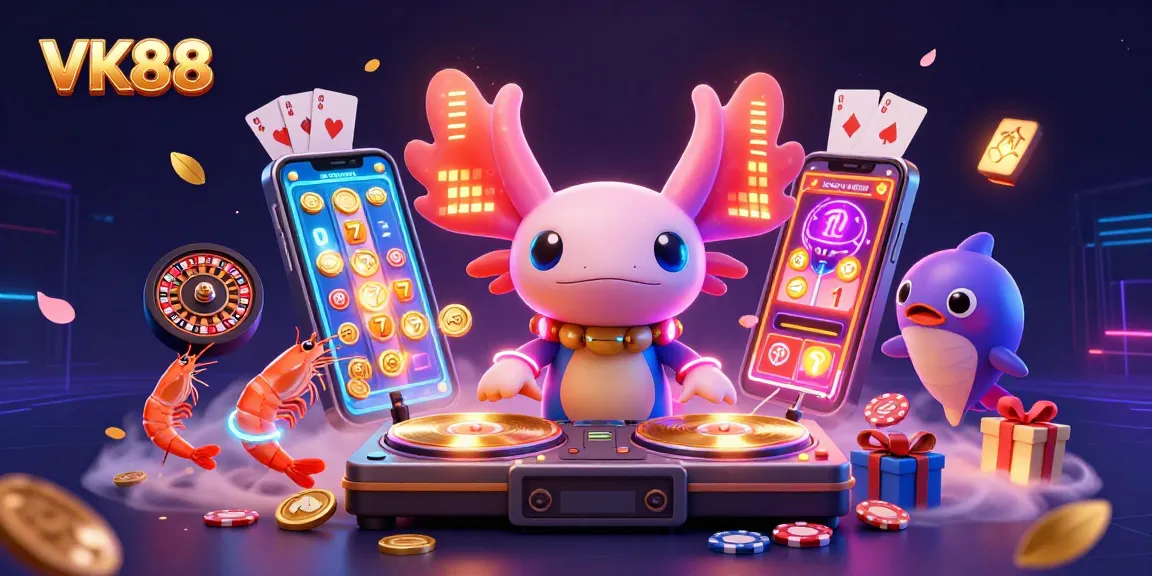 Experience VK88's vibrant gambling scene with a neon axolotl DJ and dynamic casino elements.