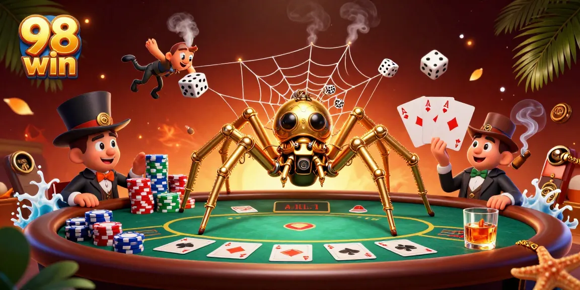 Experience thrilling gameplay in 98 win, as a steampunk spider weaves fortune with poker elements.
