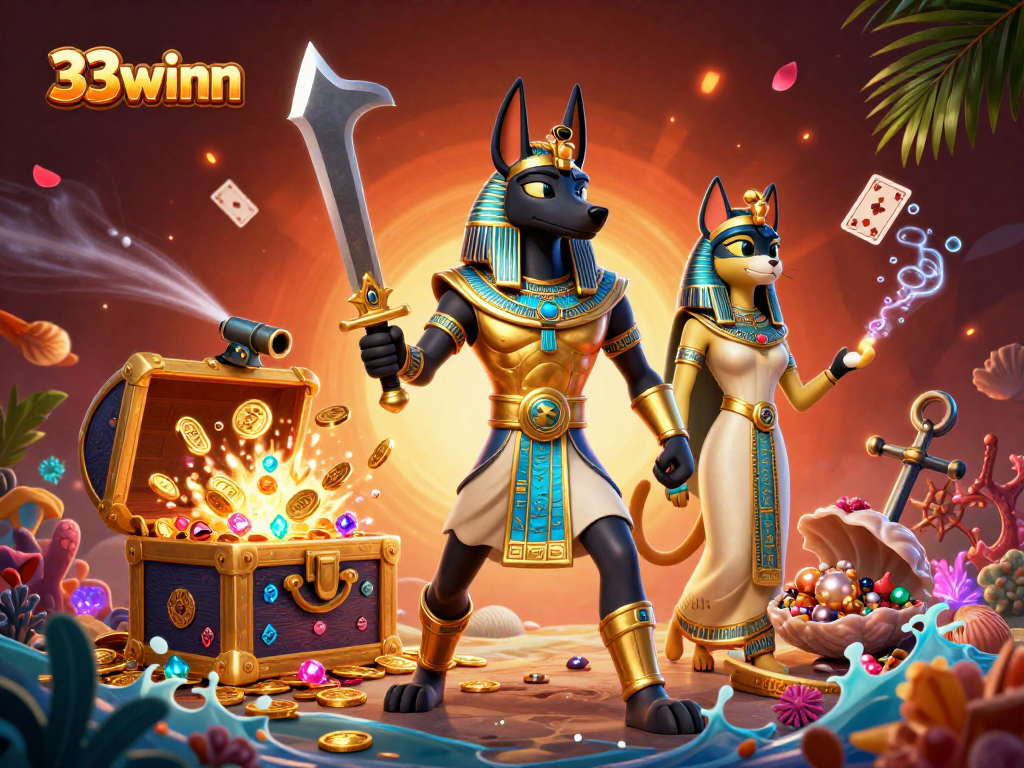 Experience thrilling gameplay at 33winn with ancient Egyptian warriors amidst glowing treasures.