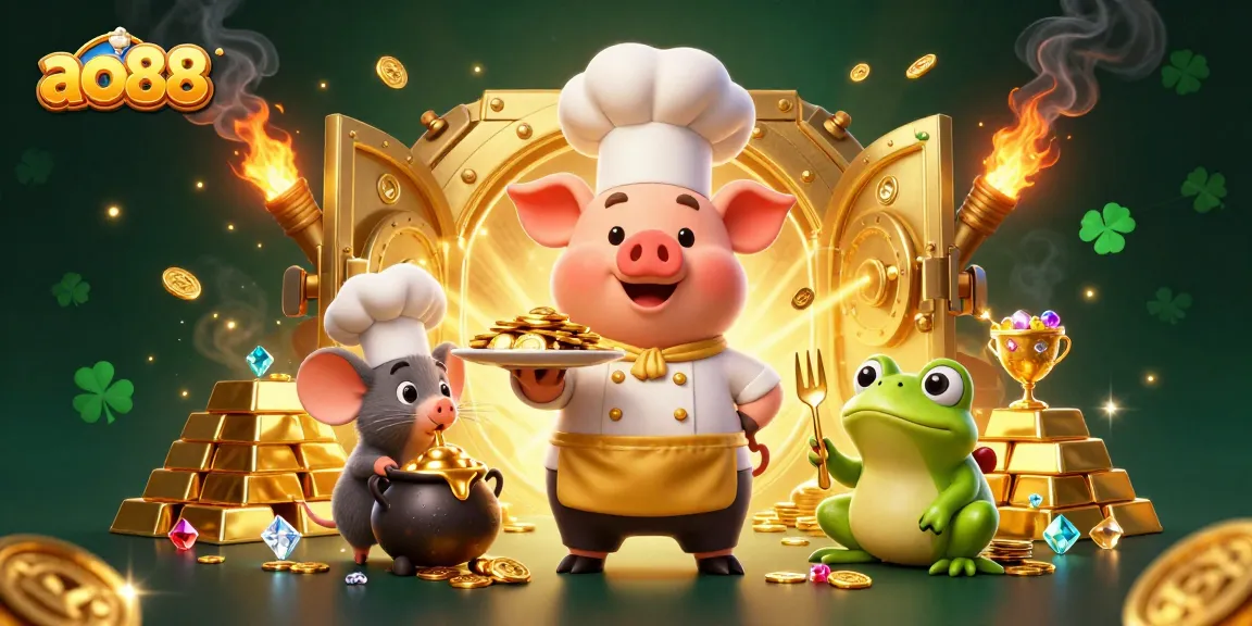 Engage in thrilling gameplay at ao88, with cartoon characters serving gold coins and exciting rewards.