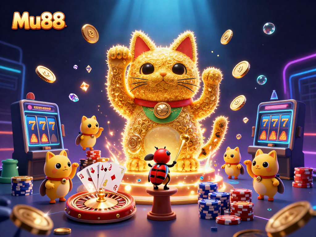 Experience the excitement of casino gaming with Mu88's vibrant lucky cat and gaming elements.