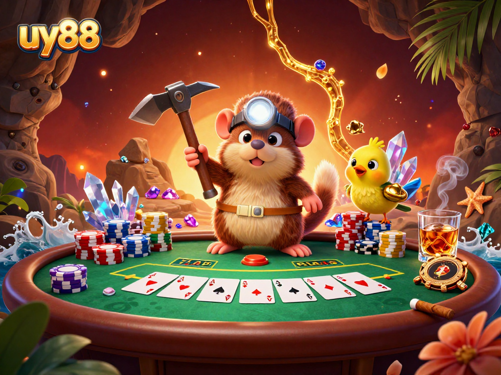 Experience key poker strategies with uy88 through a vibrant casino scene featuring treasure and excitement.