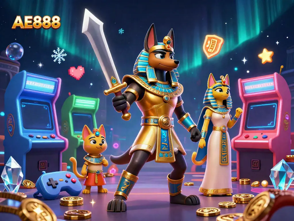 A dazzling AE888 casino scene featuring Anubis and Bastet amidst vibrant gaming elements