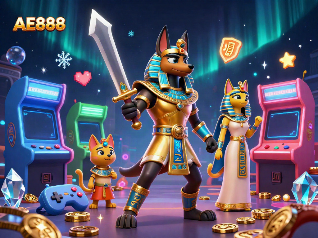 A dazzling AE888 casino scene featuring Anubis and Bastet amidst vibrant gaming elements