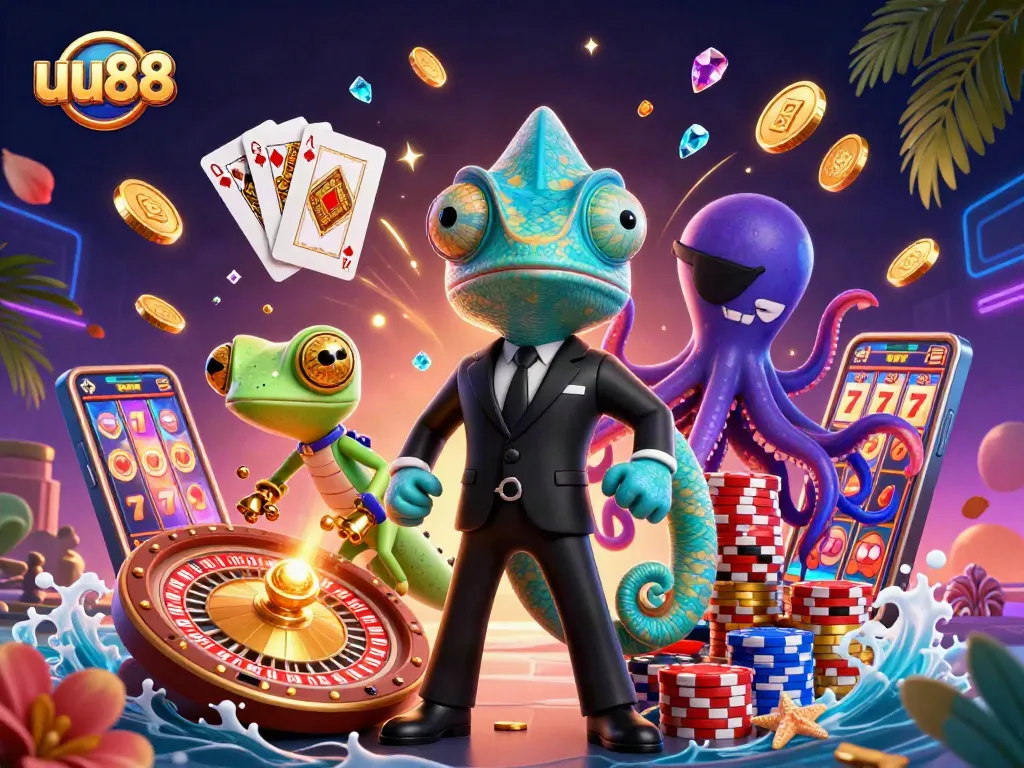 uu88's thrilling gaming scene filled with cascading coins and exciting characters