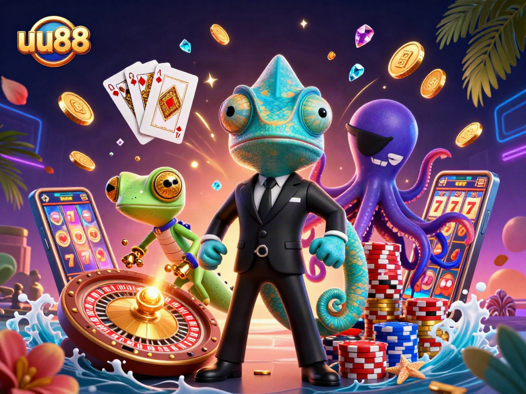uu88's thrilling gaming scene filled with cascading coins and exciting characters
