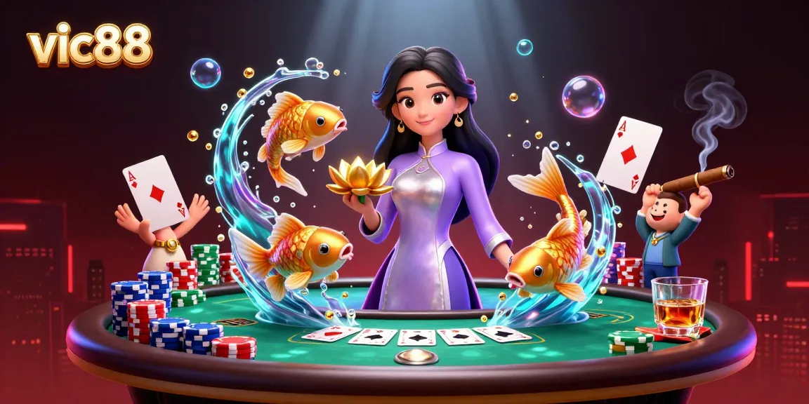 Win at vic88 with a vibrant 3D illustration of a lucky casino scene featuring poker elements.