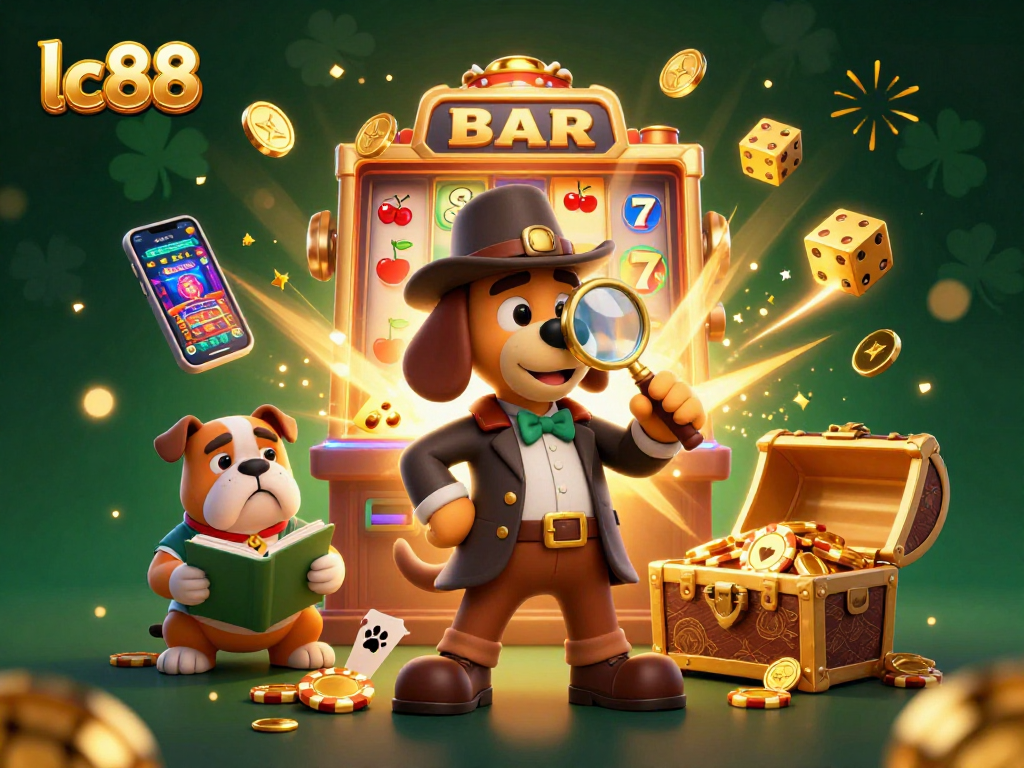 Join the excitement at lc88 with this vibrant casino scene featuring a detective uncovering hidden treasures.