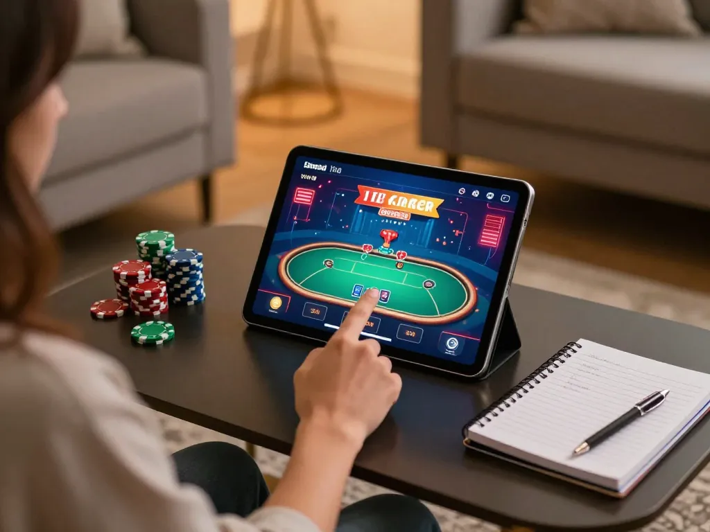Play poker online with tg88 on a tablet in a cozy home setting, showcasing responsible gaming.