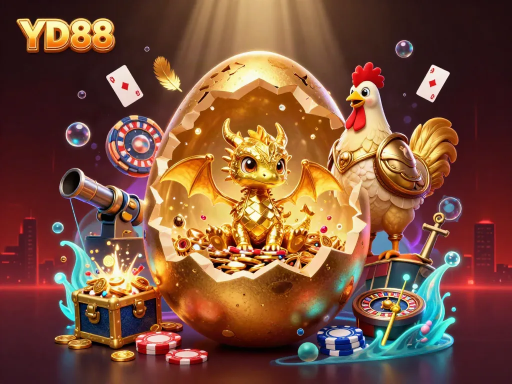 Experience exciting gameplay at YD88 with a golden dragon guarding poker chips amidst casino delights.