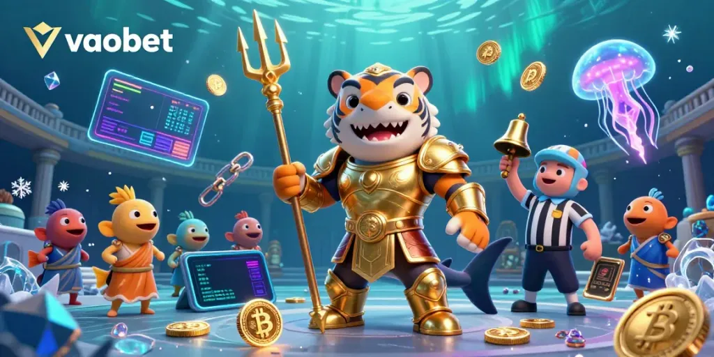 Experience an engaging live casino scene with vaobet's vibrant gaming atmosphere featuring characters and crypto elements.