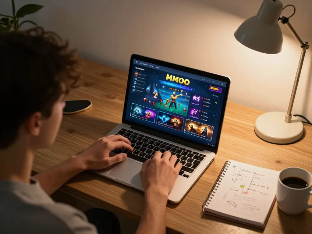 Player engaging with MMOO online casino games at home, showcasing strategic betting environment.