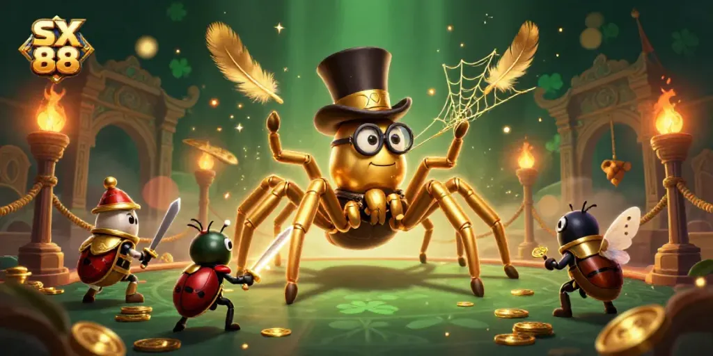 Engage with SX 88, where a giant tarantula and beetle knight battle in a vibrant casino arena.