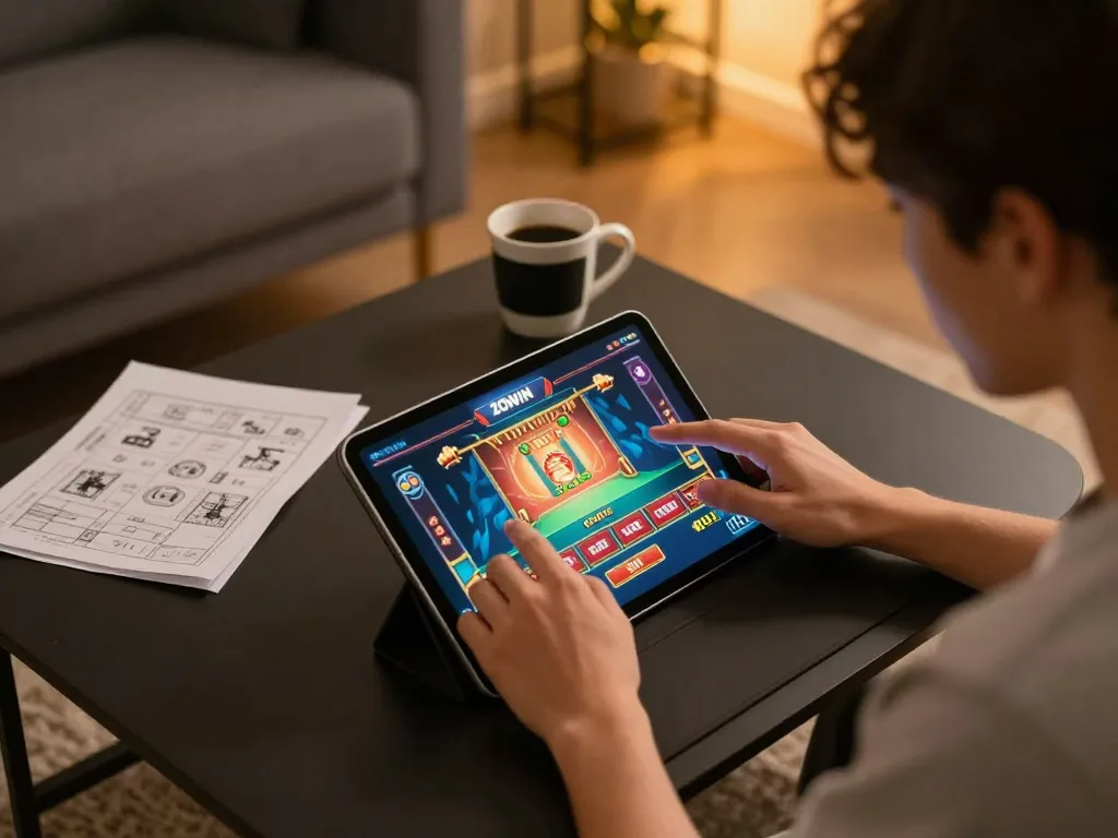 ZOWIN player engaging in strategic casino gameplay on a tablet in a cozy home environment