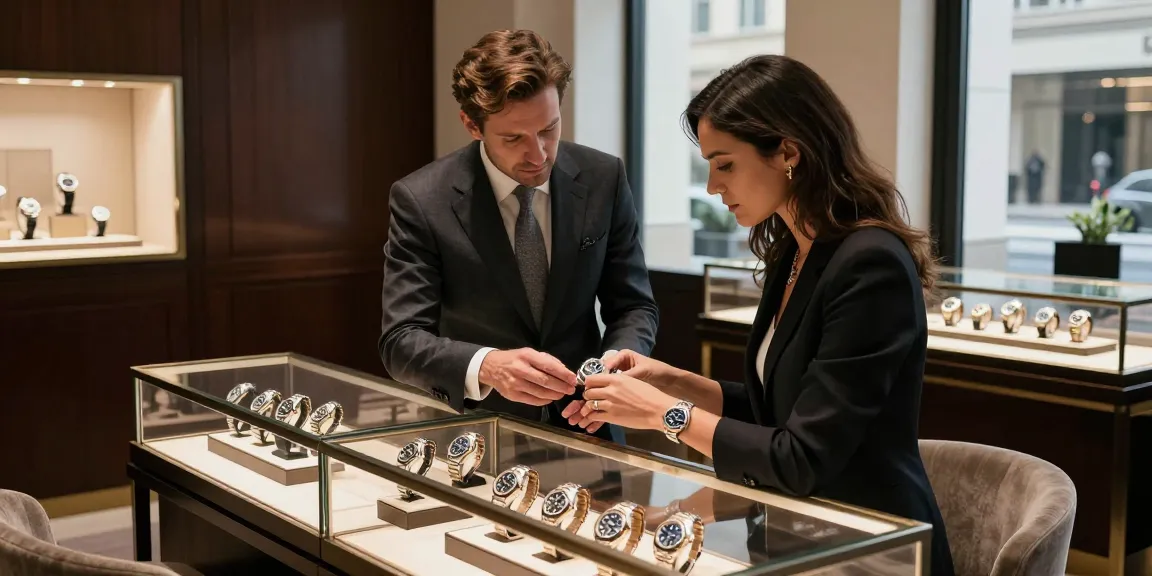 Customer exploring luxury rolex super clone watches in an upscale jewelry boutique with elegant decor.