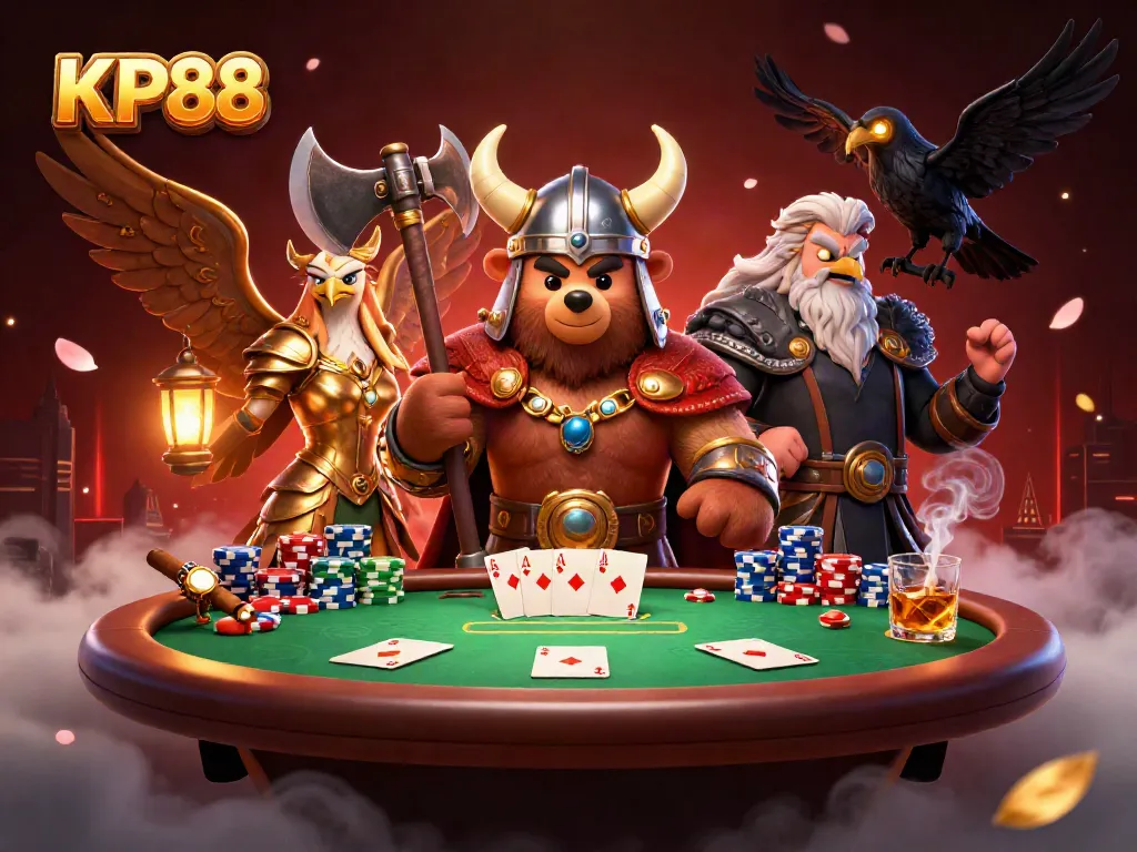 Engage with KP88's thrilling poker scene featuring a Viking bear and Valkyrie eagle amidst vibrant cards and chips.