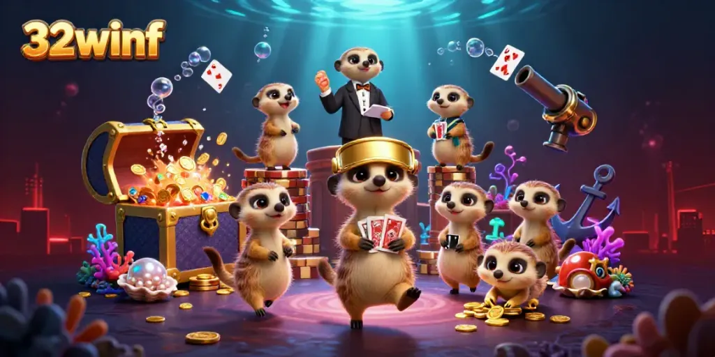 Meerkats operating a casino at a colorful underwater theme, highlighting 32winf's gaming fun.