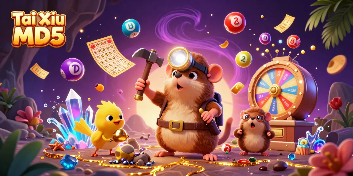 Tài Xỉu MD5 features a vibrant scene with a treasure hunter mole, canary, and dynamic casino elements.