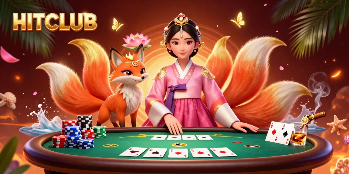 Engage with HITCLUB's exciting gambling experience at a vibrant poker table with enchanting characters.