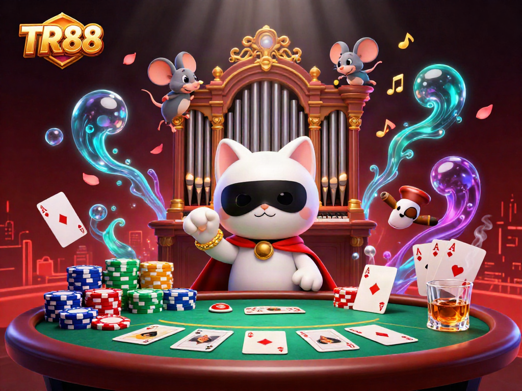 Unleash your winning potential at TR88's vibrant casino scene featuring acrobatic characters and poker elements.