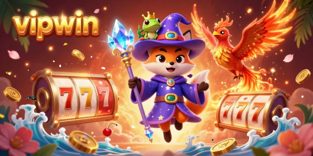 Experience thrilling wins at vipwin with 3D magical characters amidst vibrant slot reels and golden coins.