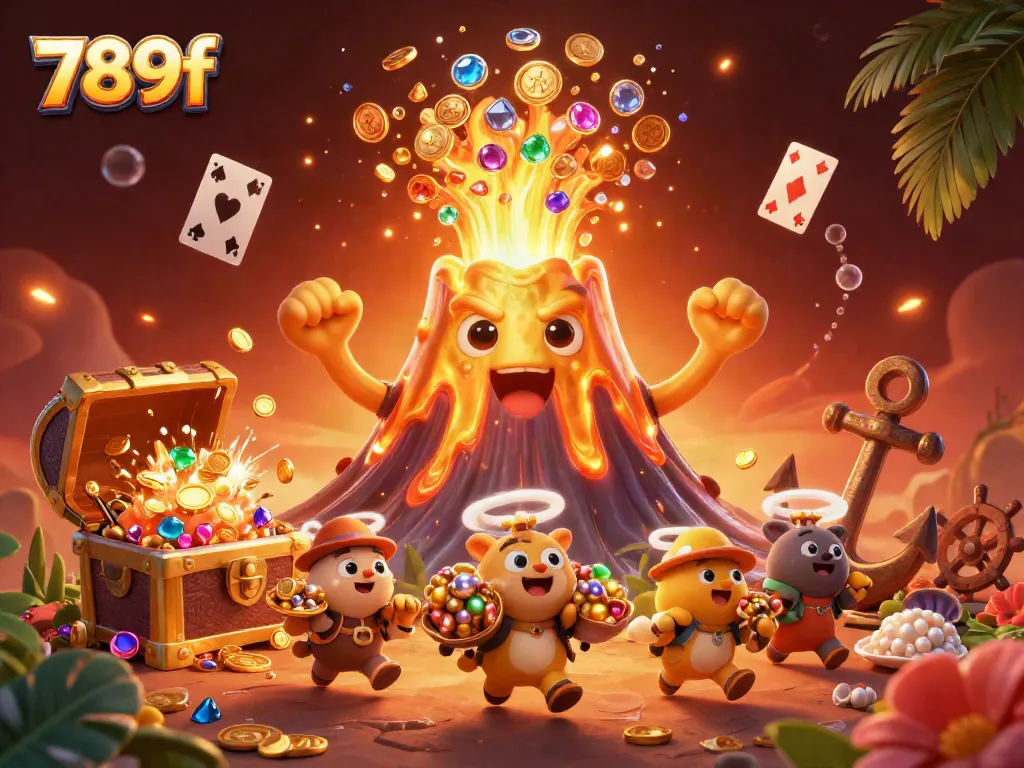 Spin and win with 789f as golden treasures erupt from a volcano in this vivid 3D casino scene.