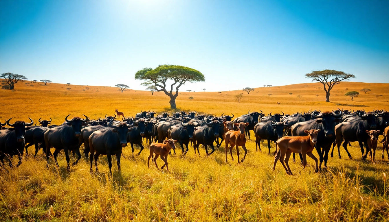 Witness the vibrant Wildebeest Calving season safari with energetic newborns in a sunlit savannah.