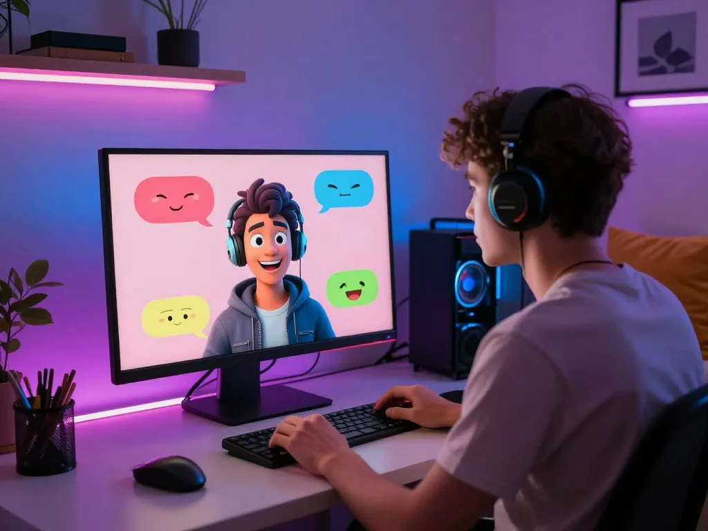 Engaging NSFW chat AI conversation with personalized avatars and vibrant interface in a modern home office