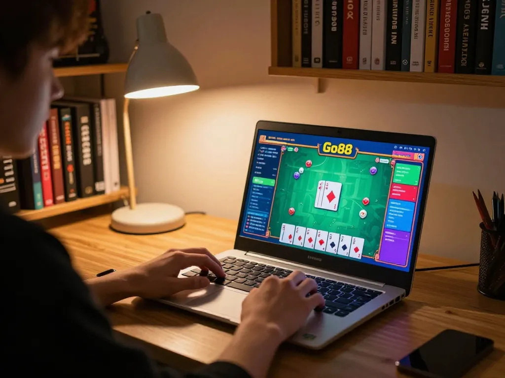 Player engaging with Go88 online casino games on a laptop in a cozy setting.