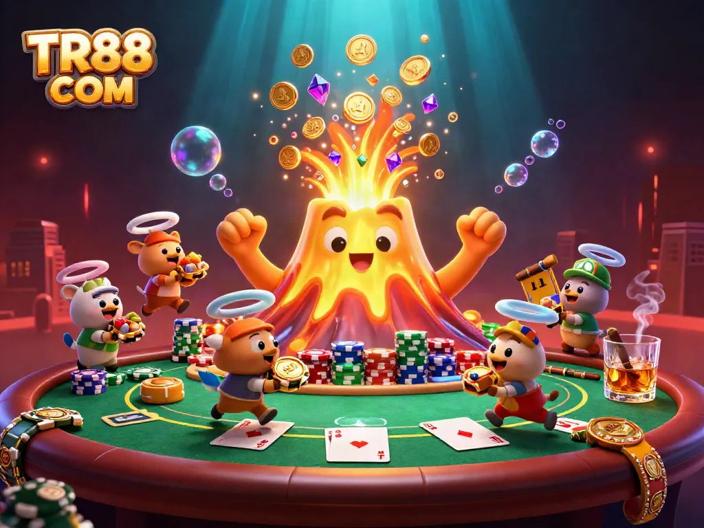 Engage with the erupting golden volcano in TR88 COM's vibrant gambling universe teeming with treasure.