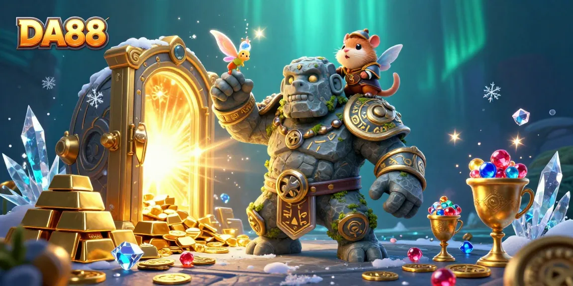 Engaging scene with DA88, featuring a magical golem and knight, surrounded by treasures and vibrant casino elements.