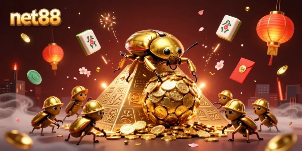 Bet on net88 with excitement as golden beetles roll coins to victory in casino-themed illustration.