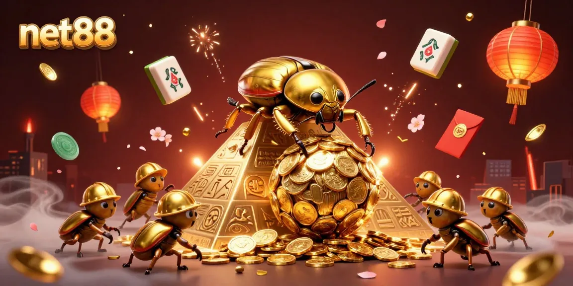 Bet on net88 with excitement as golden beetles roll coins to victory in casino-themed illustration.