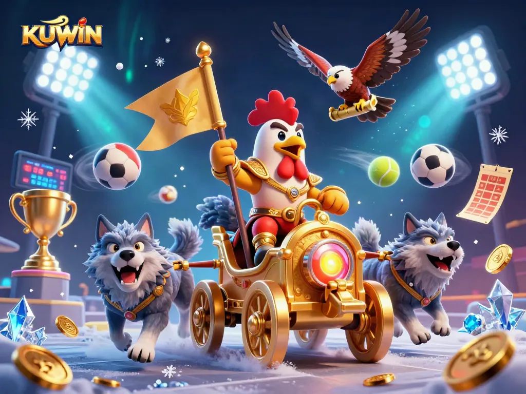 KUWIN offers an action-packed casino experience with dynamic sports balls and vibrant elements.