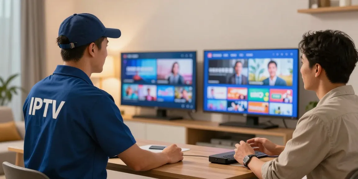 IPTV Service options being discussed by a trusted provider with a homeowner in a professional office setting.