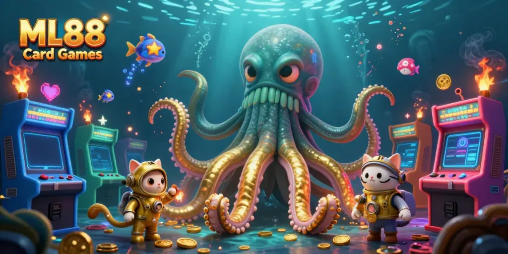 Engage in ML88 Card Games with vibrant underwater characters and dynamic casino elements.