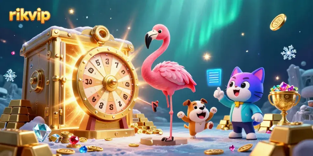 Engaging scene with rikvip characters celebrating wins at a casino game show, surrounded by gold treasures.