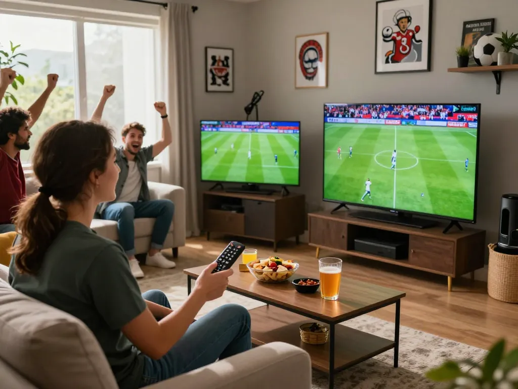 Football fan enjoying live matches on Okwintv in vibrant Full HD, surrounded by friends and snacks.