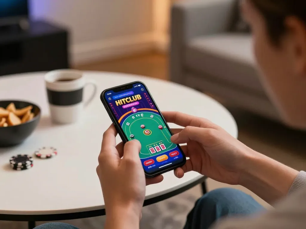 Engaging mobile gaming moment with HITCLUB app on smartphone in a stylish setting.
