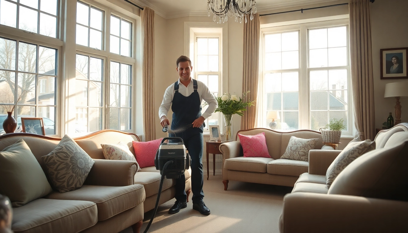 Upholstery cleaning in Glasgow by a technician in a welcoming living room.