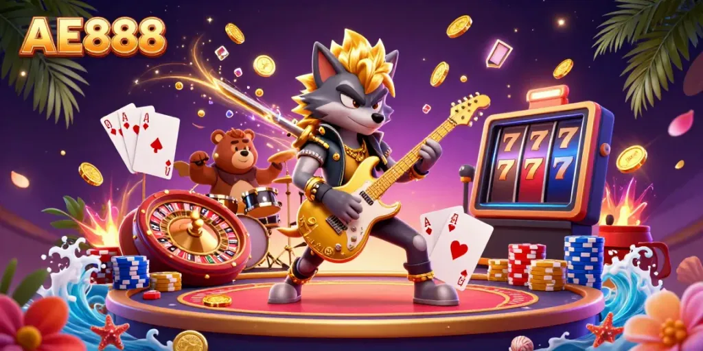 Experience thrilling gameplay with AE888's vibrant casino art featuring dynamic characters, gold coins, and exciting game elements.