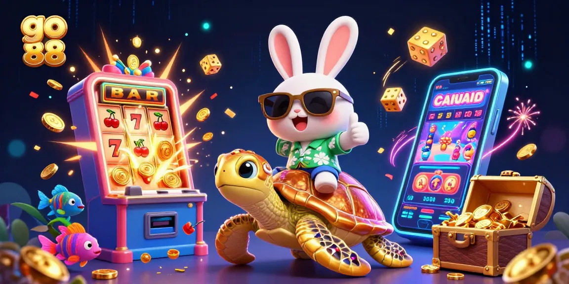 Leap into fun with go 88, featuring a lucky rabbit and golden sea turtle amidst jackpot chaos!
