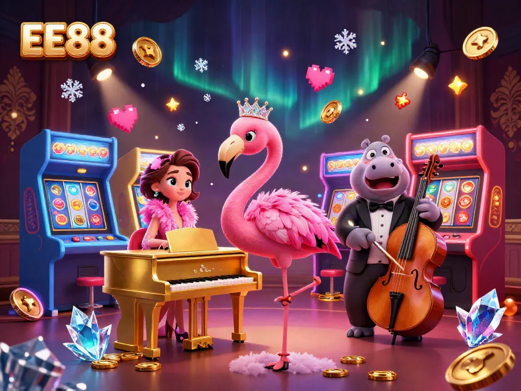 Experience the vibrant energy of EE88 with dynamic casino fun, featuring iconic characters surrounded by gaming elements.
